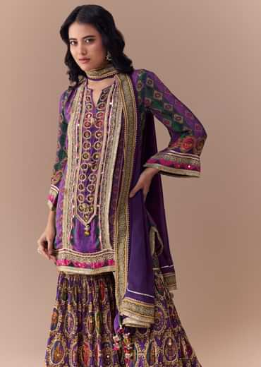 Purple Indie Print Kurta Sharara Set with Handbag