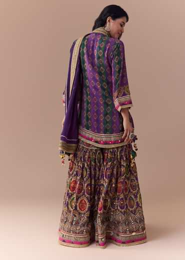 Purple Indie Print Kurta Sharara Set with Handbag
