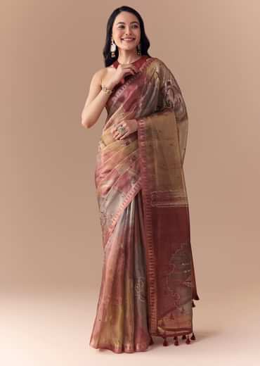 Maroon Shaded Organza Silk Saree with Unstitched Blouse