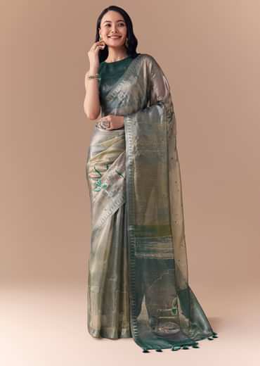 Teal Green Organza Silk Saree with Unstitched Blouse