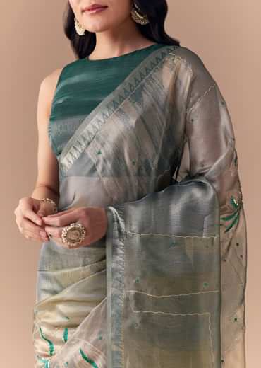 Teal Green Organza Silk Saree with Unstitched Blouse