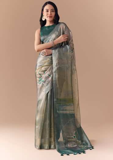 Teal Green Organza Silk Saree with Unstitched Blouse