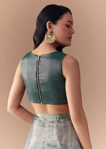 Teal Green Organza Silk Saree with Unstitched Blouse