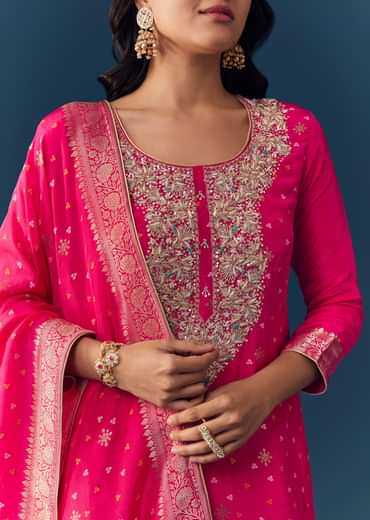 Pink Bandhani Zardozi Work Kurta Set