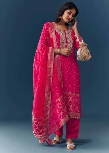 Pink Bandhani Zardozi Work Kurta Set