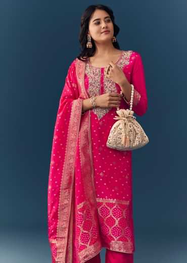 Pink Bandhani Zardozi Work Kurta Set