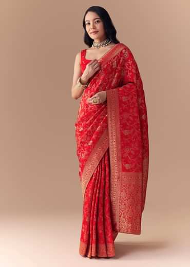 Red Dola Silk Zari Woven Saree with Unstitched Blouse