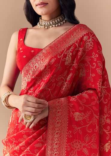 Red Dola Silk Zari Woven Saree with Unstitched Blouse
