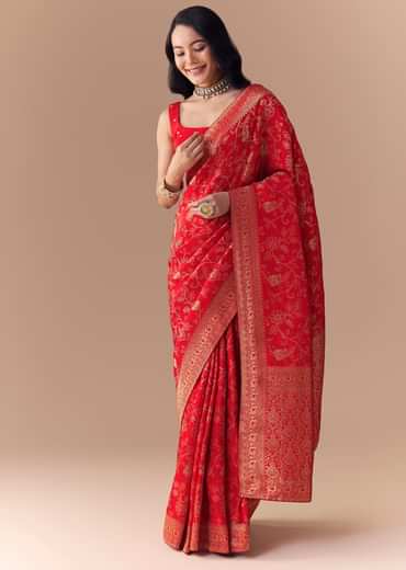 Red Dola Silk Zari Woven Saree with Unstitched Blouse