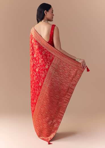 Red Dola Silk Zari Woven Saree with Unstitched Blouse