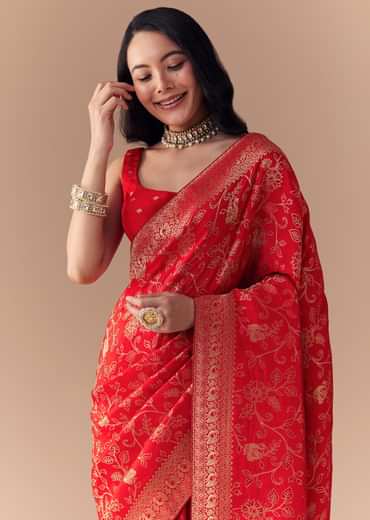 Red Dola Silk Zari Woven Saree with Unstitched Blouse