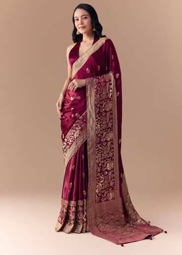 Wine Satin Woven Border Saree with Unstitched Blouse
