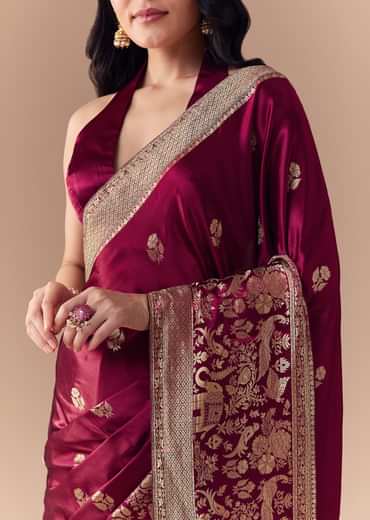 Wine Satin Woven Border Saree with Unstitched Blouse