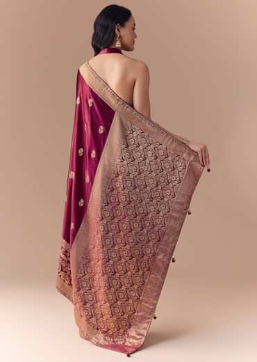 Wine Satin Woven Border Saree with Unstitched Blouse
