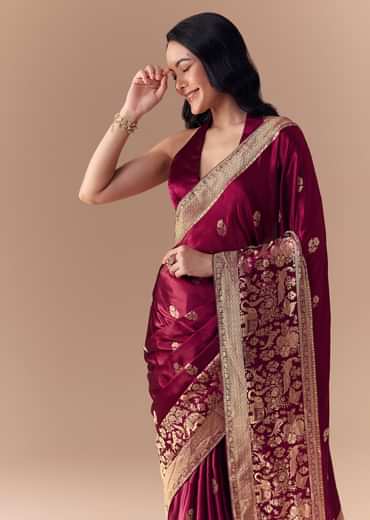 Wine Satin Woven Border Saree with Unstitched Blouse