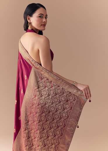 Wine Satin Woven Border Saree with Unstitched Blouse