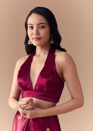 Wine Satin Woven Border Saree with Unstitched Blouse