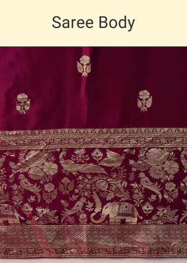 Wine Satin Woven Border Saree with Unstitched Blouse