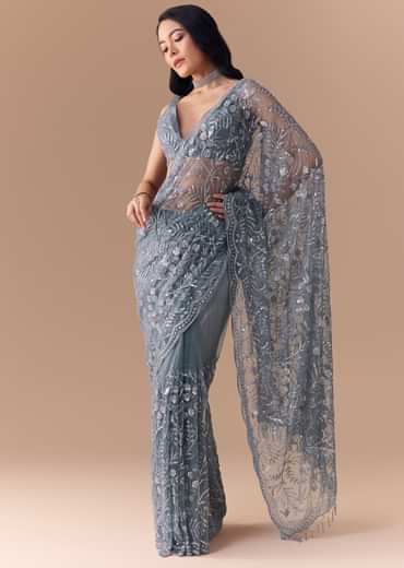 Blue Grey Net Sequin Floral Work Saree with Unstitched Blouse