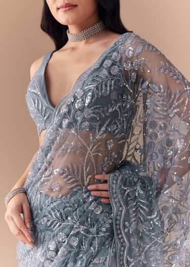 Blue Grey Net Sequin Floral Work Saree with Unstitched Blouse