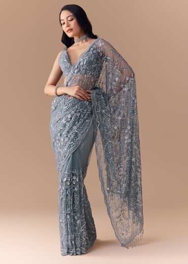 Blue Grey Net Sequin Floral Work Saree with Unstitched Blouse