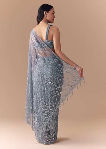 Blue Grey Net Sequin Floral Work Saree with Unstitched Blouse