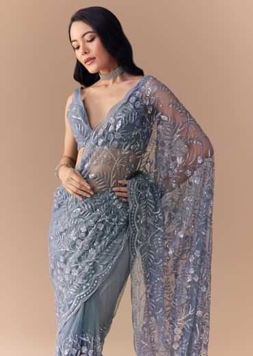 Blue Grey Net Sequin Floral Work Saree with Unstitched Blouse