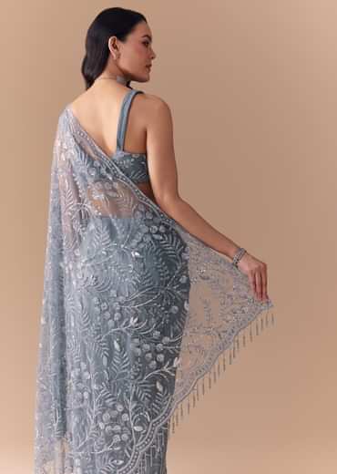 Blue Grey Net Sequin Floral Work Saree with Unstitched Blouse
