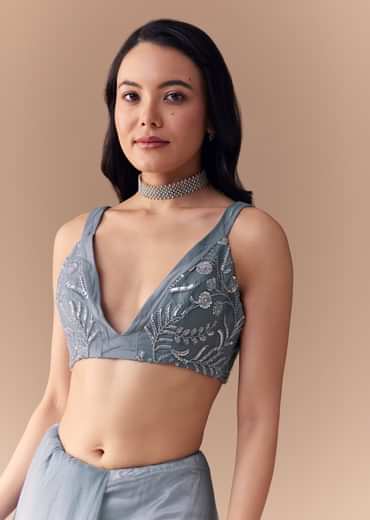 Blue Grey Net Sequin Floral Work Saree with Unstitched Blouse