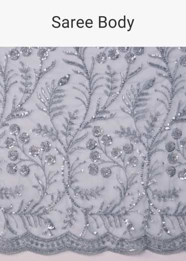 Blue Grey Net Sequin Floral Work Saree with Unstitched Blouse