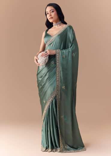 Mint Green Chinon Embroidered Saree with Unstitched Blouse