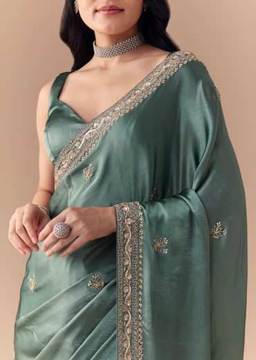 Mint Green Chinon Embroidered Saree with Unstitched Blouse