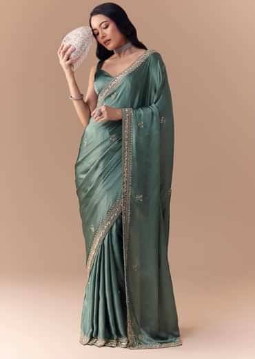 Mint Green Chinon Embroidered Saree with Unstitched Blouse