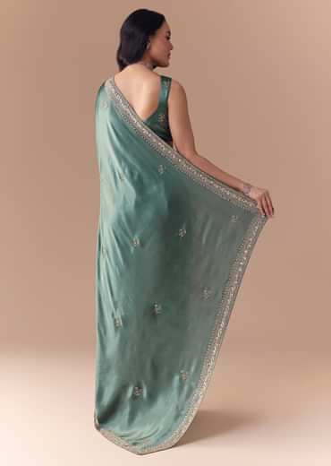 Mint Green Chinon Embroidered Saree with Unstitched Blouse