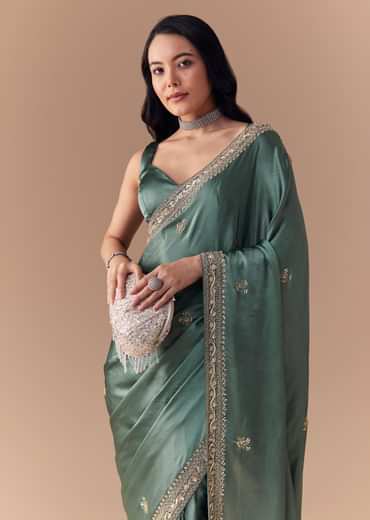 Mint Green Chinon Embroidered Saree with Unstitched Blouse