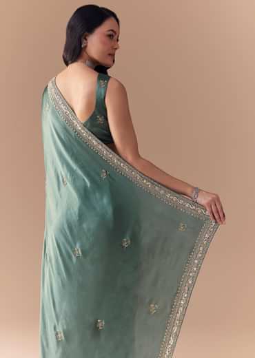 Mint Green Chinon Embroidered Saree with Unstitched Blouse