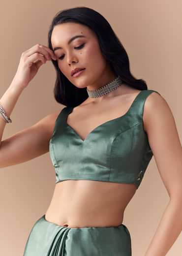 Mint Green Chinon Embroidered Saree with Unstitched Blouse