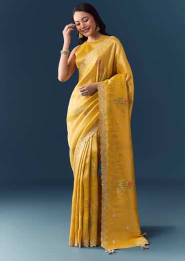 Yellow Jacquard Silk Woven Saree with Unstitched Blouse