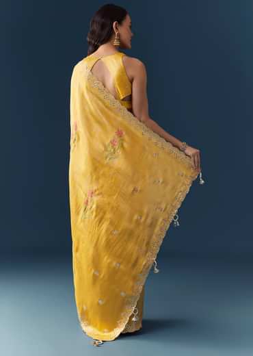 Yellow Jacquard Silk Woven Saree with Unstitched Blouse