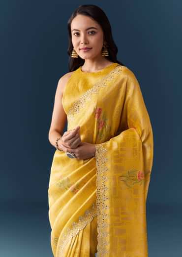 Yellow Jacquard Silk Woven Saree with Unstitched Blouse