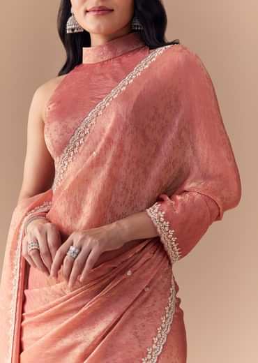 Peach Jacquard Print Tissue Saree with Unstitched Blouse