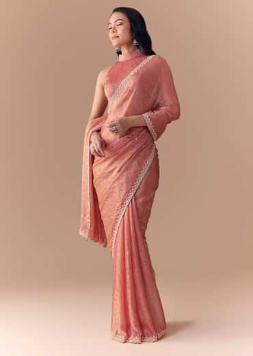 Peach Jacquard Print Tissue Saree with Unstitched Blouse