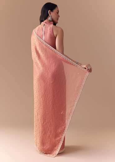 Peach Jacquard Print Tissue Saree with Unstitched Blouse