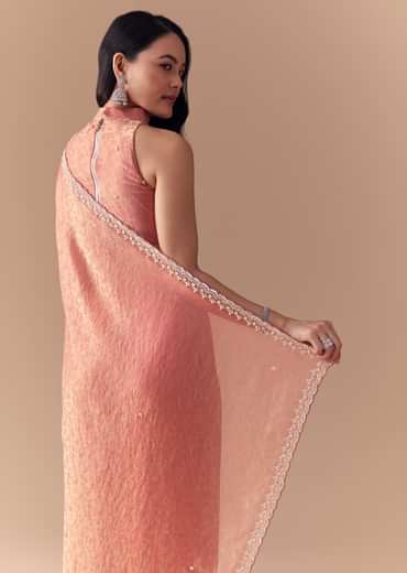Peach Jacquard Print Tissue Saree with Unstitched Blouse