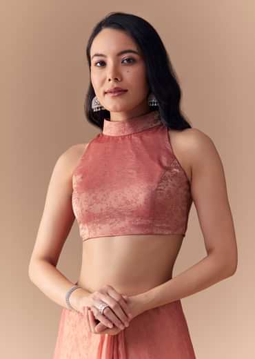 Peach Jacquard Print Tissue Saree with Unstitched Blouse