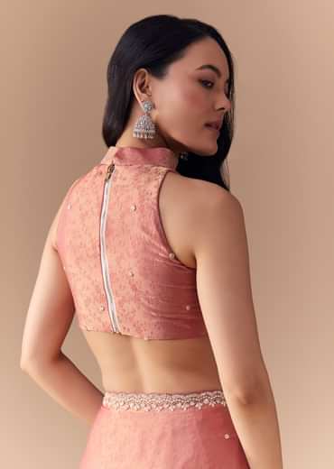 Peach Jacquard Print Tissue Saree with Unstitched Blouse