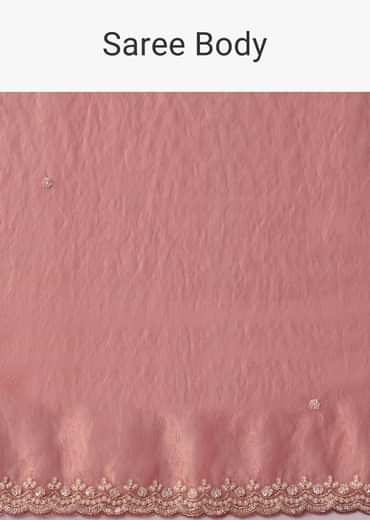 Peach Jacquard Print Tissue Saree with Unstitched Blouse