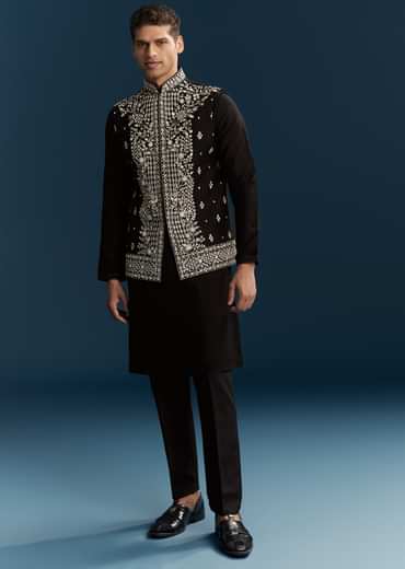Black Silk Kurta Jacket Set For Men With Heavy Embroidery