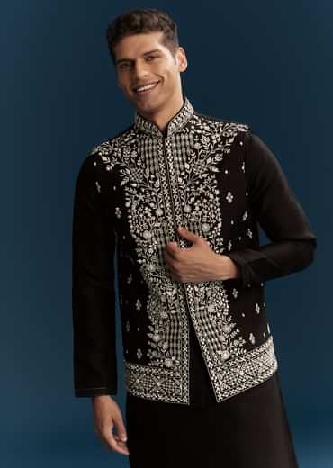 Black Silk Kurta Jacket Set For Men With Heavy Embroidery