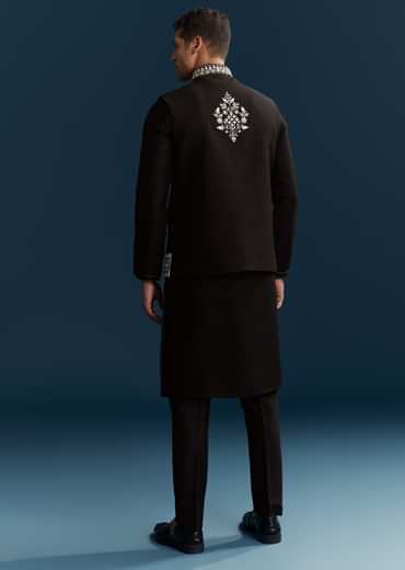 Black Silk Kurta Jacket Set For Men With Heavy Embroidery